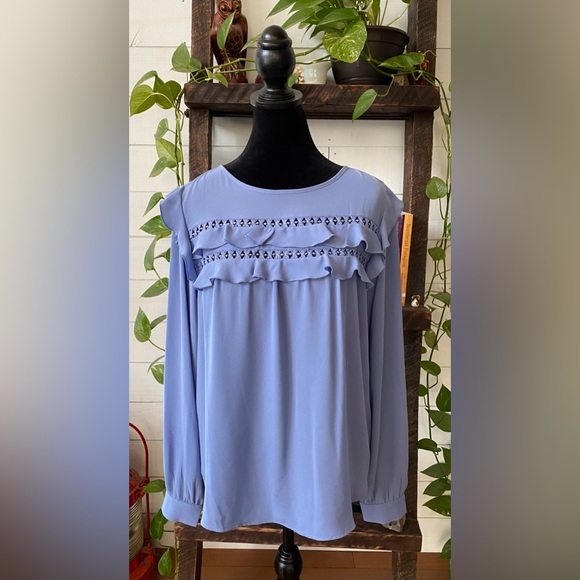 Loft: Blue Blouse with Ruffle Trim and  Embroidered Cutout - Picture 3 of 17